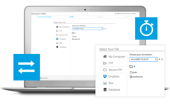 Import and export data directly from Box, DropBox, FTP and SFTP repositories quickly and easily.